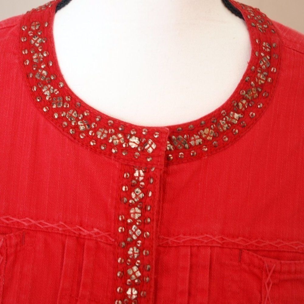 Chicos Red Statement Jacket Topper Size 1 M Open Front Patterned Blazer - Picture 3 of 11